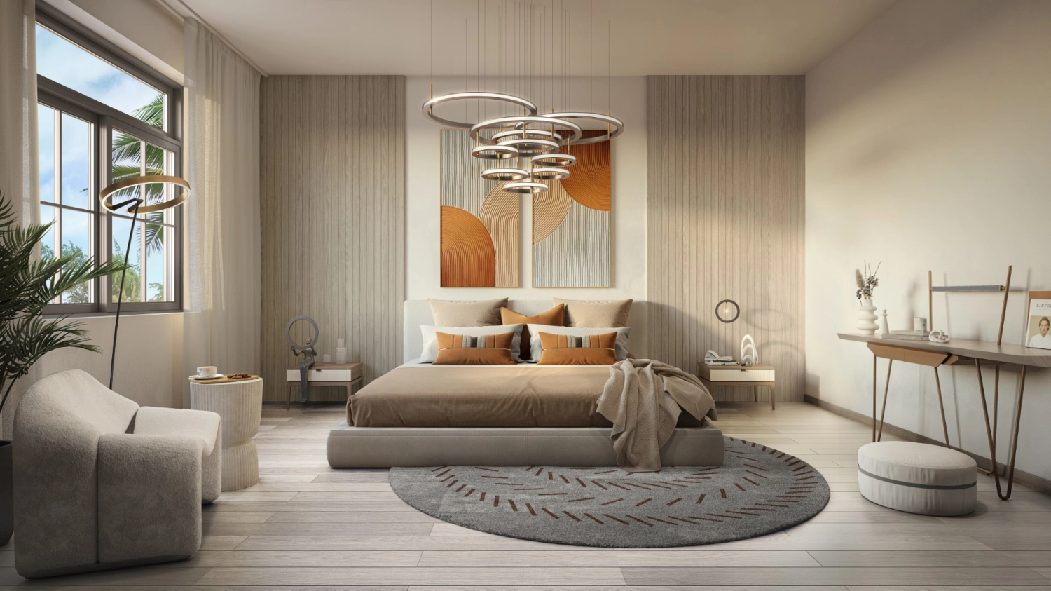 Family lounge area with minimalist décor in Yas Park Views villa